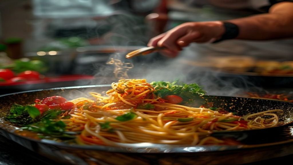 Mie lezat dengan saus kacang dan sayuran segar