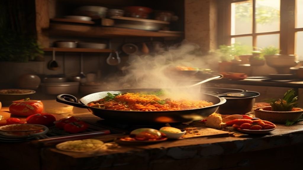 Nasi goreng lezat dengan telur dan sayuran segar