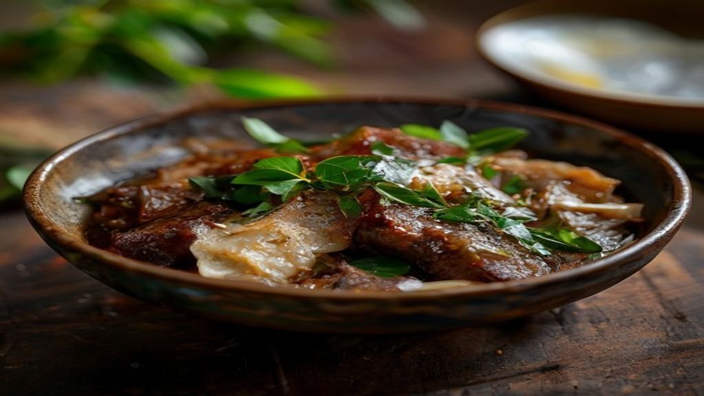 Gambar mangkuk rawon berkuah hitam pekat dengan daging, telur rebus, dan daun bawang, contoh resep rawon tradisional.