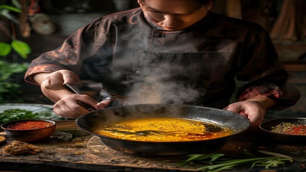 Gambar mangkuk rawon berkuah hitam pekat dengan irisan telur rebus, tauge, dan daun bawang di atas nasi