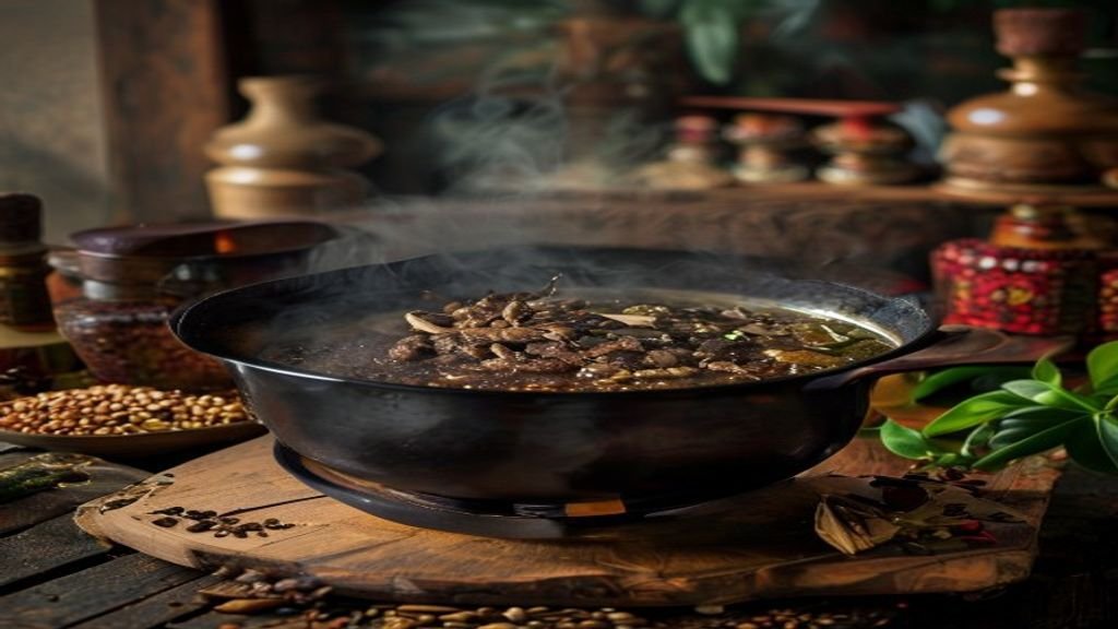 Gambar mangkuk rawon berkuah hitam dengan suwiran daging, telur rebus, dan kerupuk, menampilkan resep rawon tradisional.