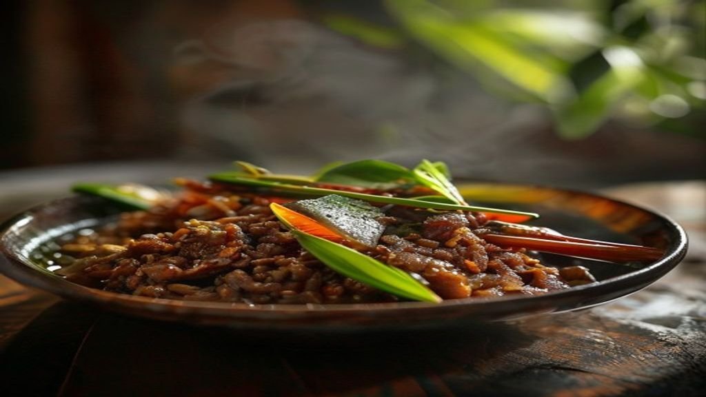 Gambar mangkuk rawon pekat berkuah hitam dengan irisan telur, kacang kedelai, dan daun bawang