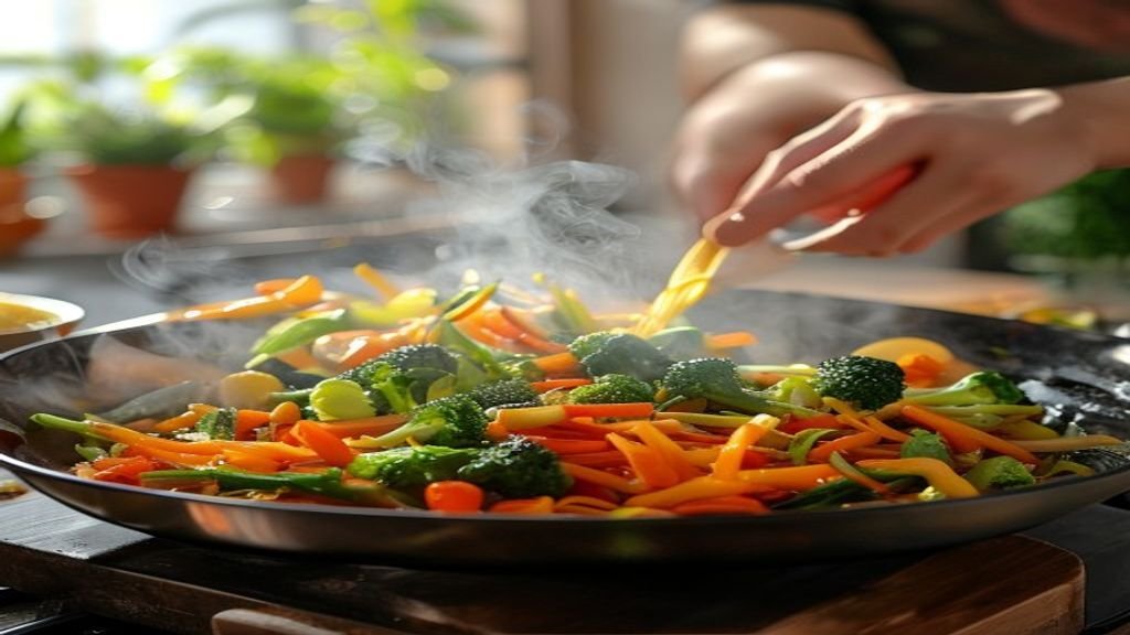Gambar sayur segar dengan bumbu tradisional, menampilkan resep sayur berwarna hijau dan sehat.