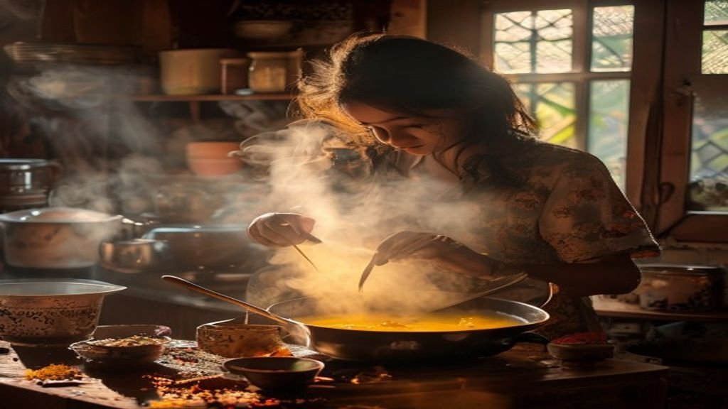 Gambar menampilkan semangkuk soto ayam berkuah kuning dengan irisan telur, kentang, dan taburan bawang goreng.